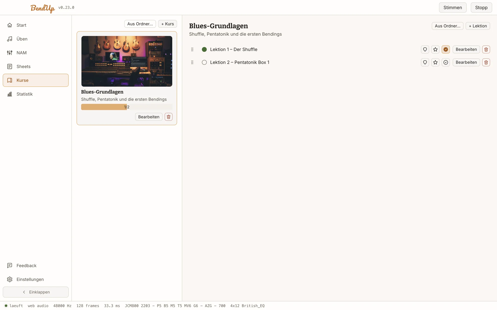 Kurse-Screen: Kurskarte mit Titelbild und Fortschrittsbalken, rechts die Lektionen