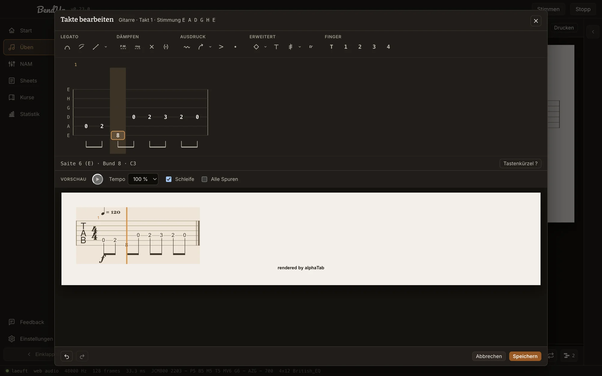 Tab-Editor: Werkzeugleiste mit Techniken, Tab-Raster mit Cursor, Vorschau im Notensatz (dunkler Farbmodus)