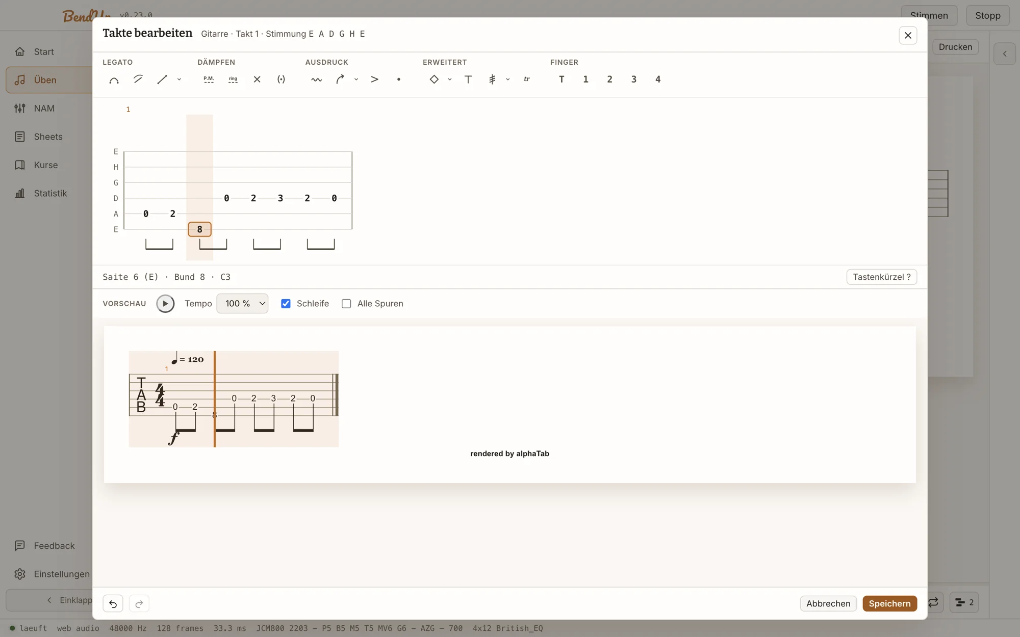 Tab-Editor: Werkzeugleiste mit Techniken, Tab-Raster mit Cursor, Vorschau im Notensatz